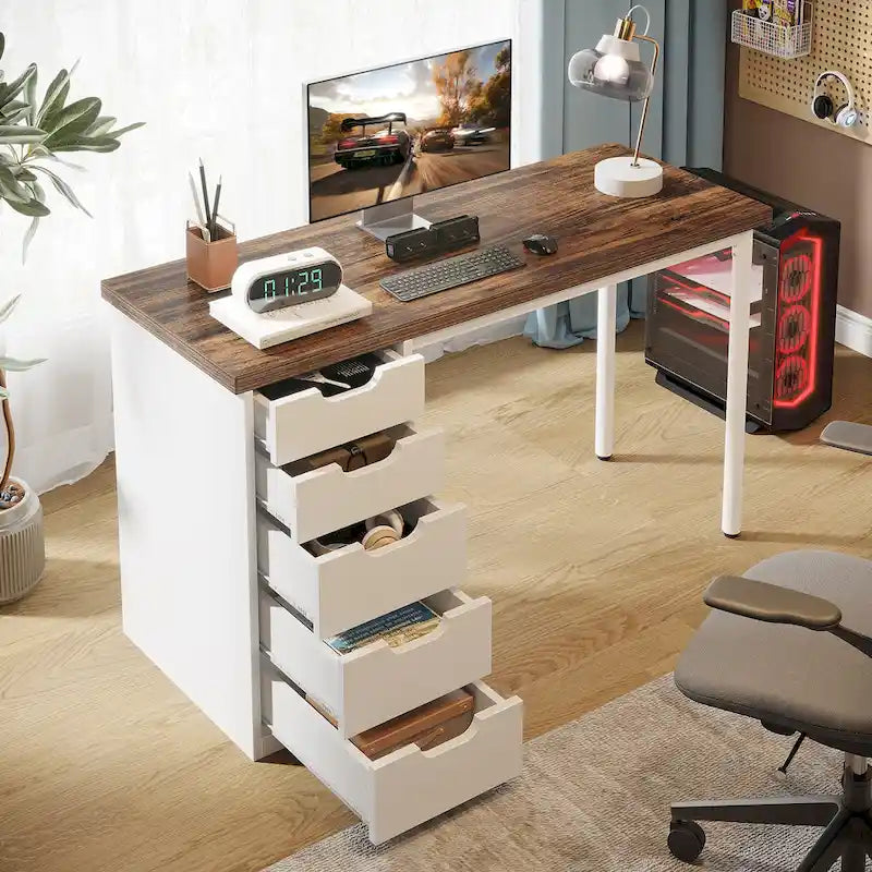 Bureau d'ordinateur en bois de 47 pouces avec 5 tiroirs, bureau d'écriture avec cadre en métal pour chambre à coucher ou bureau