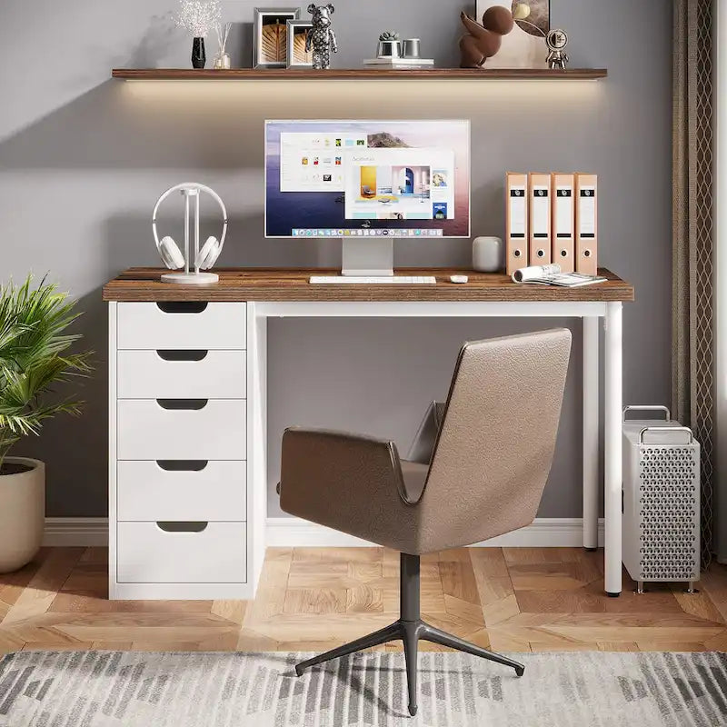 Bureau d'ordinateur en bois de 47 pouces avec 5 tiroirs, bureau d'écriture avec cadre en métal pour chambre à coucher ou bureau