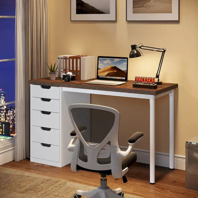 Bureau d'ordinateur en bois de 47 pouces avec 5 tiroirs, bureau d'écriture avec cadre en métal pour chambre à coucher ou bureau