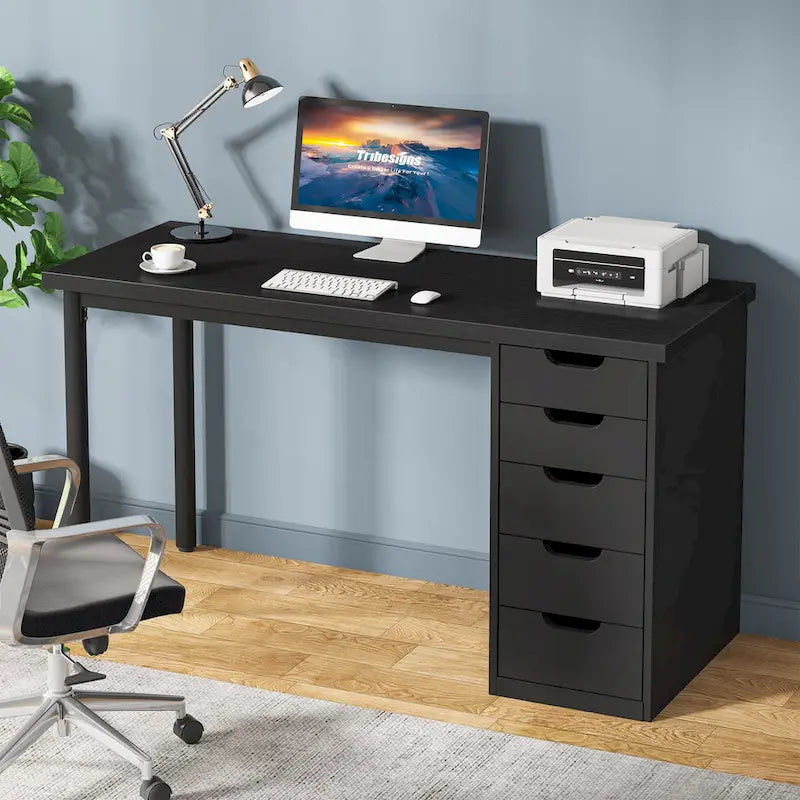 Bureau d'ordinateur en bois de 47 pouces avec 5 tiroirs, bureau d'écriture avec cadre en métal pour chambre à coucher ou bureau