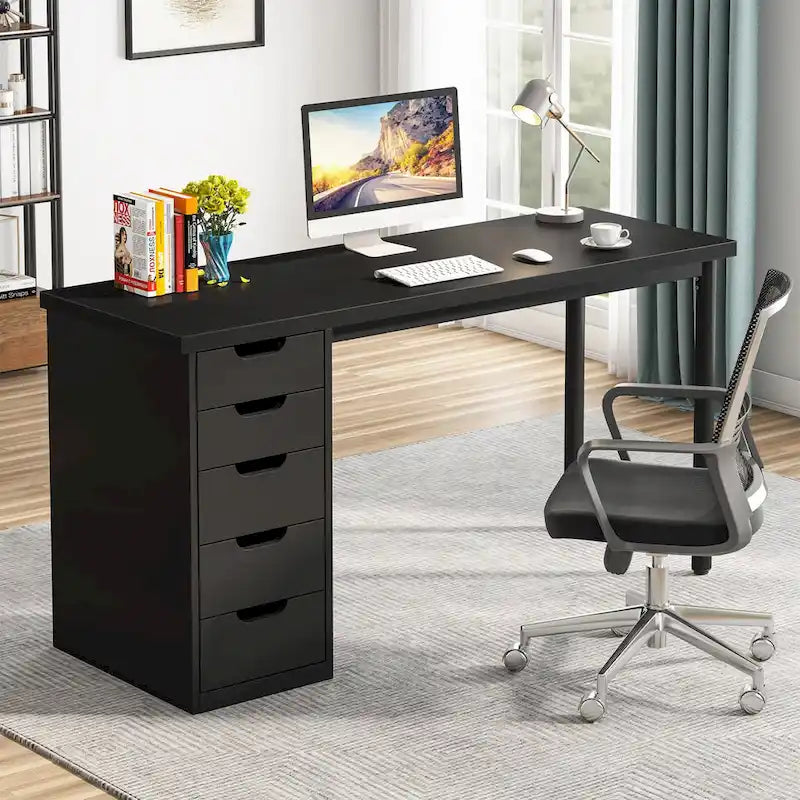 Bureau d'ordinateur en bois de 47 pouces avec 5 tiroirs, bureau d'écriture avec cadre en métal pour chambre à coucher ou bureau