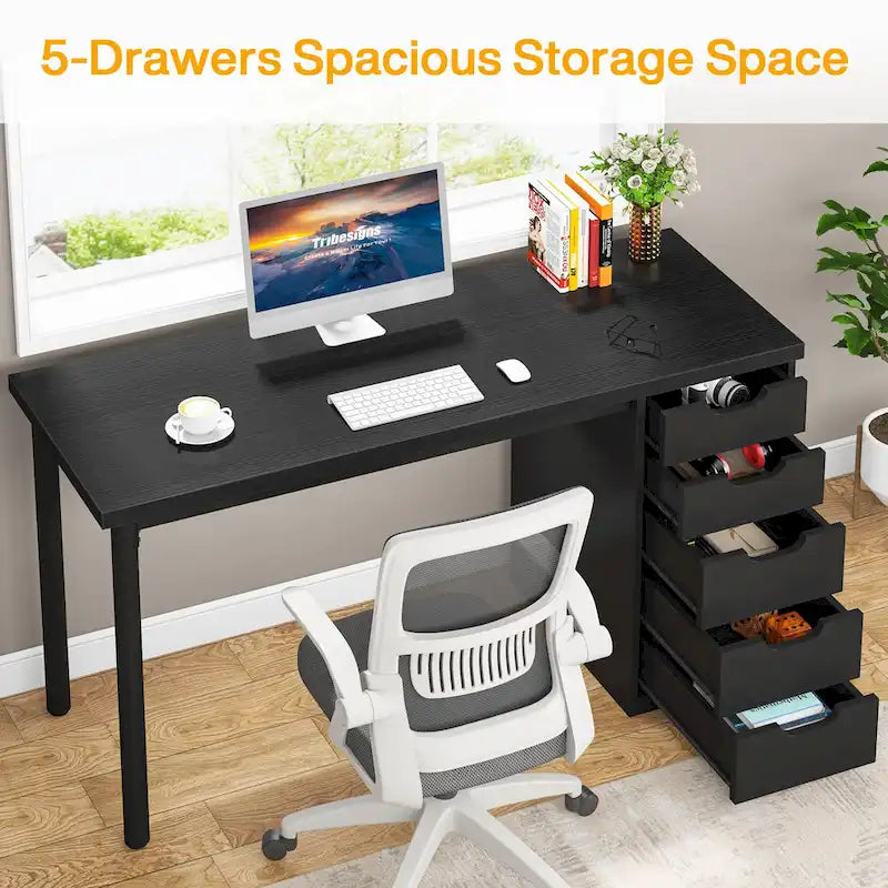 Bureau d'ordinateur en bois de 47 pouces avec 5 tiroirs, bureau d'écriture avec cadre en métal pour chambre à coucher ou bureau