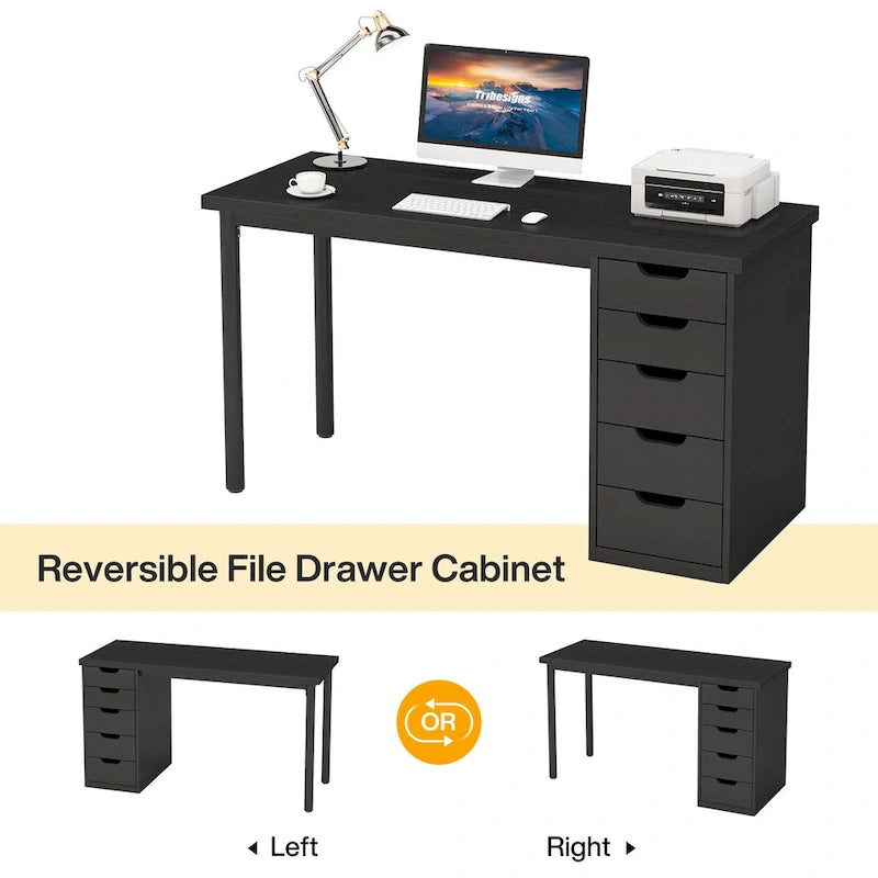 Bureau d'ordinateur en bois de 47 pouces avec 5 tiroirs, bureau d'écriture avec cadre en métal pour chambre à coucher ou bureau