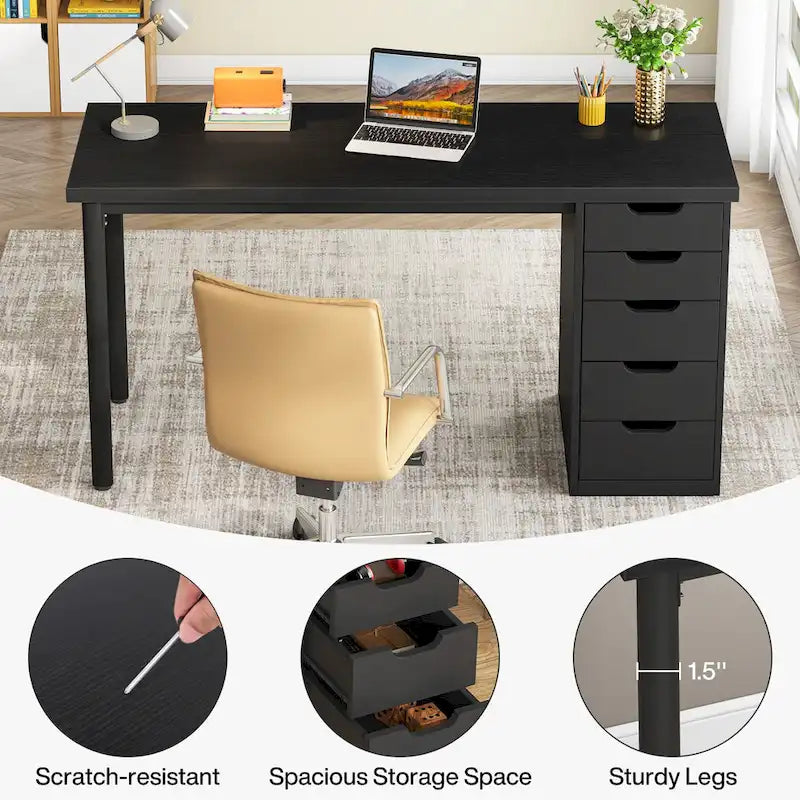 Bureau d'ordinateur en bois de 47 pouces avec 5 tiroirs, bureau d'écriture avec cadre en métal pour chambre à coucher ou bureau