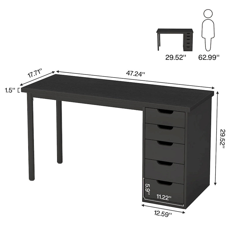 Bureau d'ordinateur en bois de 47 pouces avec 5 tiroirs, bureau d'écriture avec cadre en métal pour chambre à coucher ou bureau