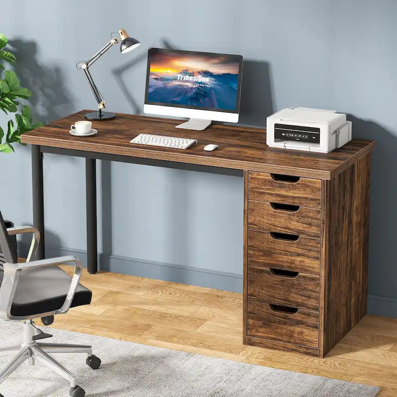 Bureau d'ordinateur en bois de 47 pouces avec 5 tiroirs, bureau d'écriture avec cadre en métal pour chambre à coucher ou bureau