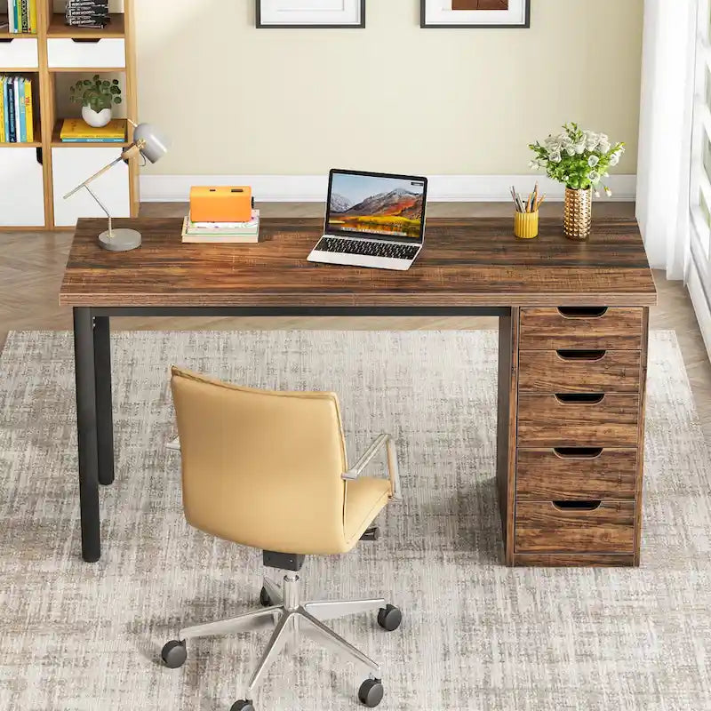 Bureau d'ordinateur en bois de 47 pouces avec 5 tiroirs, bureau d'écriture avec cadre en métal pour chambre à coucher ou bureau