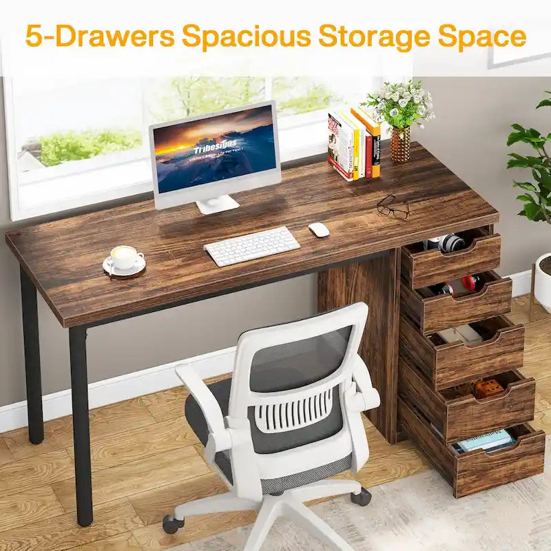 Bureau d'ordinateur en bois de 47 pouces avec 5 tiroirs, bureau d'écriture avec cadre en métal pour chambre à coucher ou bureau