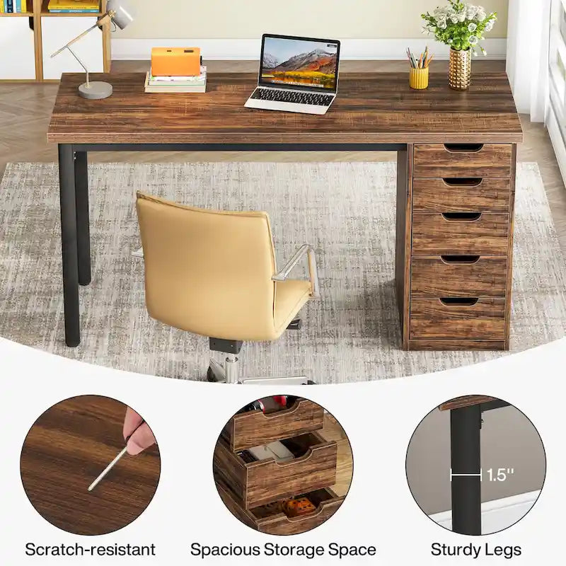 Bureau d'ordinateur en bois de 47 pouces avec 5 tiroirs, bureau d'écriture avec cadre en métal pour chambre à coucher ou bureau
