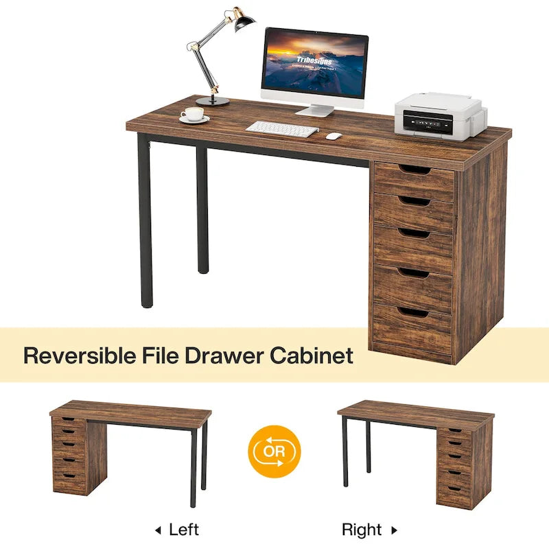 Bureau d'ordinateur en bois de 47 pouces avec 5 tiroirs, bureau d'écriture avec cadre en métal pour chambre à coucher ou bureau