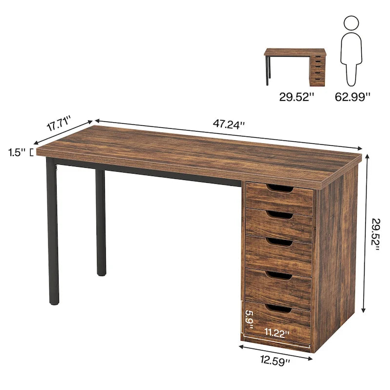 Bureau d'ordinateur en bois de 47 pouces avec 5 tiroirs, bureau d'écriture avec cadre en métal pour chambre à coucher ou bureau