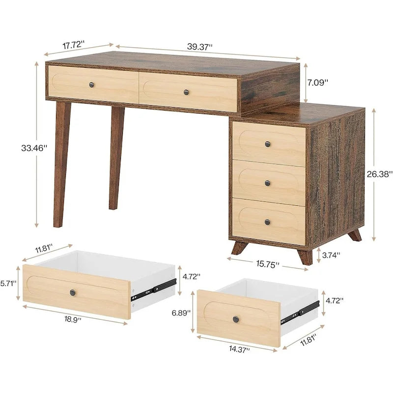 Bureau informatique de 51 pouces avec caisson de rangement réversible et support d'imprimante