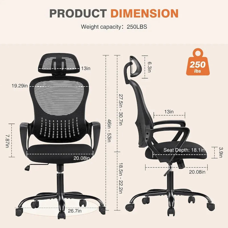 Chaise de bureau ergonomique, Chaise de bureau à dossier haut avec appui-tête, Chaise d'ordinateur pivotante en maille pour bureau à domicile Chaises de bureau
