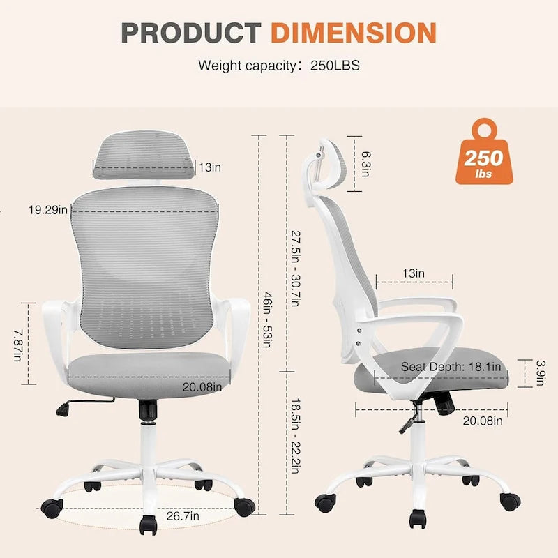 Chaise de bureau ergonomique, Chaise de bureau à dossier haut avec appui-tête, Chaise d'ordinateur pivotante en maille pour bureau à domicile Chaises de bureau