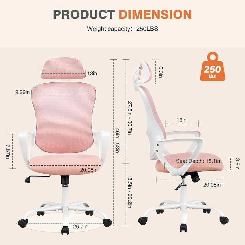 Chaise de bureau ergonomique, Chaise de bureau à dossier haut avec appui-tête, Chaise d'ordinateur pivotante en maille pour bureau à domicile Chaises de bureau