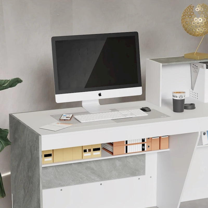 Comptoir de réception blanc avec surface informatique et 4 étagères