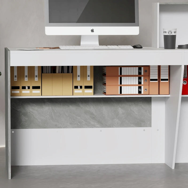 Comptoir de réception blanc avec surface informatique et 4 étagères