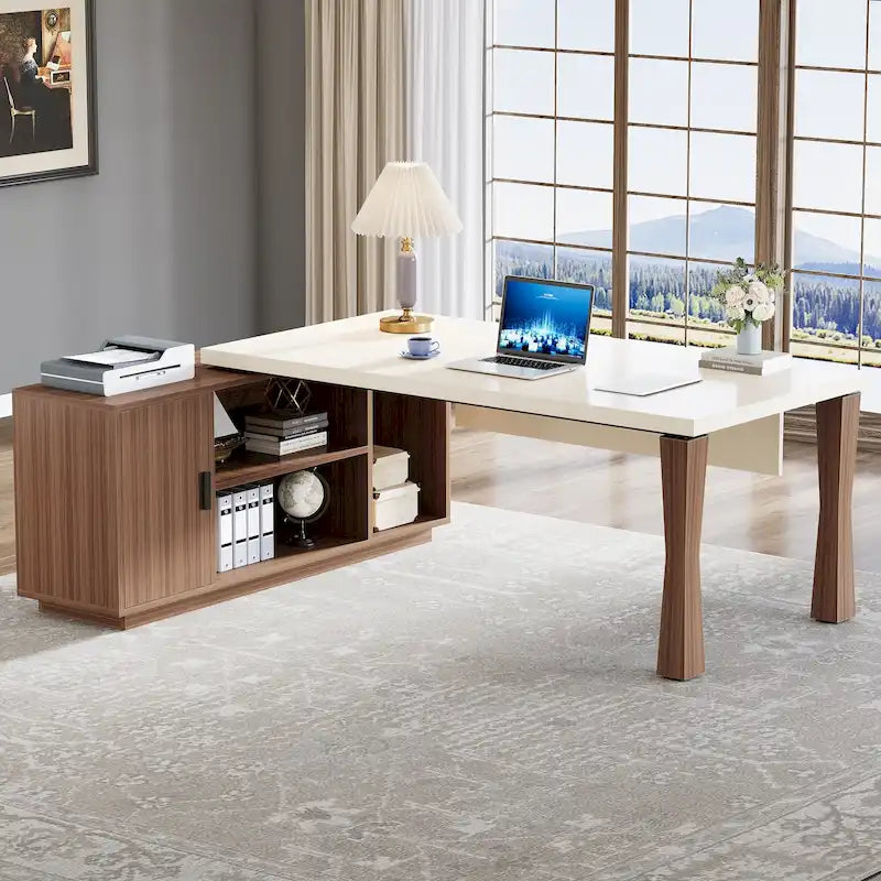 Grand bureau de direction de 180 cm, bureau en L avec étagères de rangement et armoire, ensemble de meubles de bureau pour professionnels