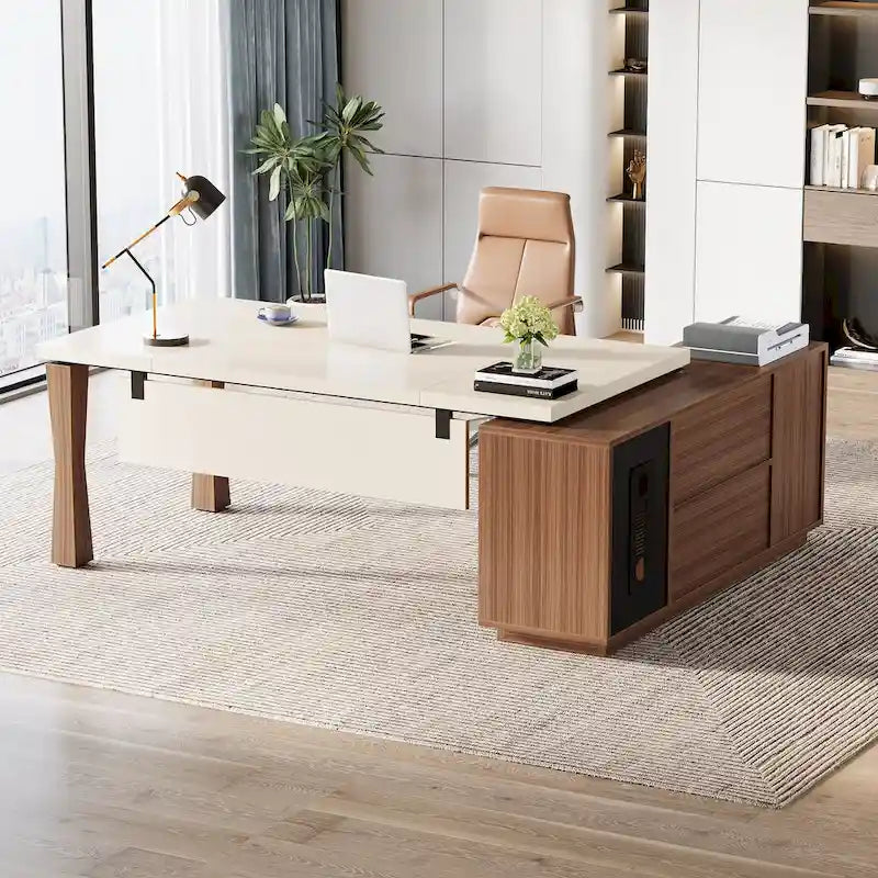 Grand bureau de direction de 180 cm, bureau en L avec étagères de rangement et armoire, ensemble de meubles de bureau pour professionnels