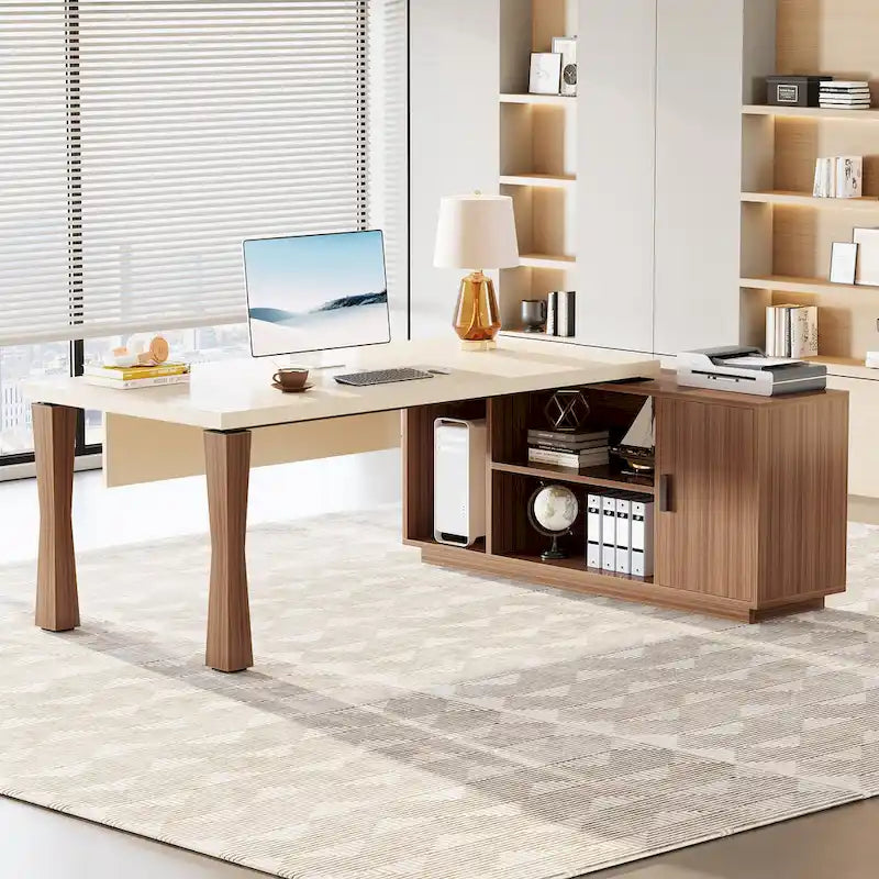 Grand bureau de direction de 180 cm, bureau en L avec étagères de rangement et armoire, ensemble de meubles de bureau pour professionnels
