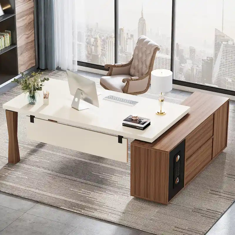 Grand bureau de direction de 180 cm, bureau en L avec étagères de rangement et armoire, ensemble de meubles de bureau pour professionnels