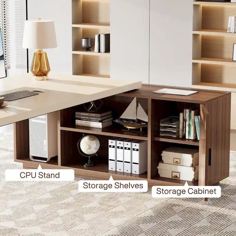Grand bureau de direction de 180 cm, bureau en L avec étagères de rangement et armoire, ensemble de meubles de bureau pour professionnels