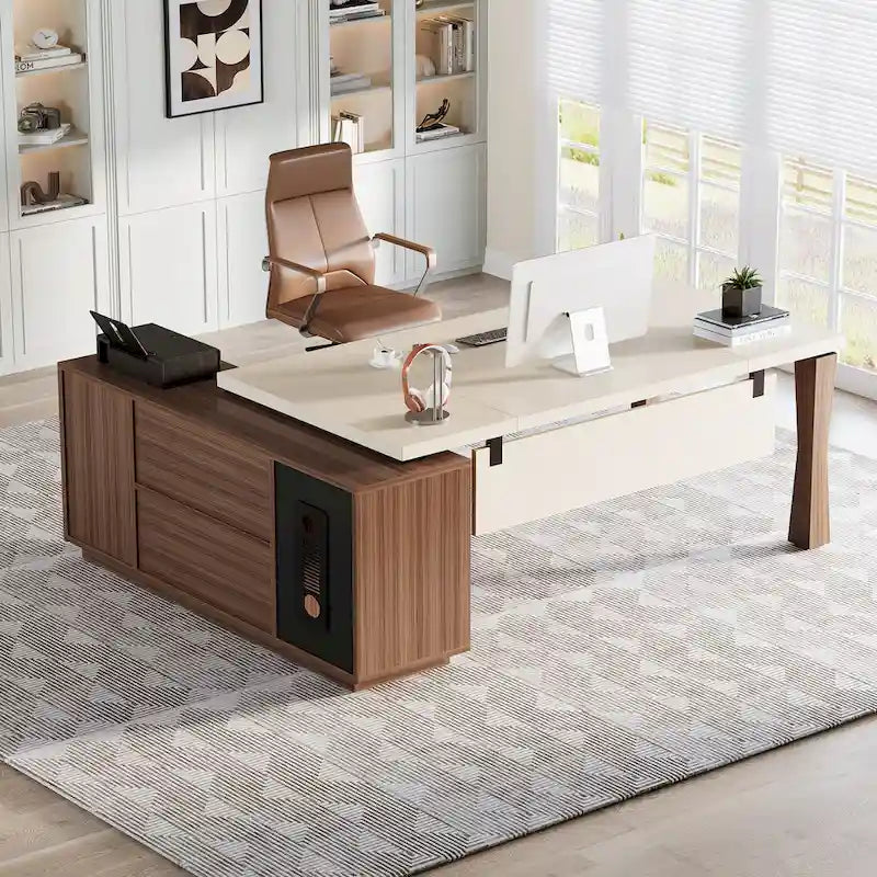 Grand bureau de direction de 180 cm, bureau en L avec étagères de rangement et armoire, ensemble de meubles de bureau pour professionnels