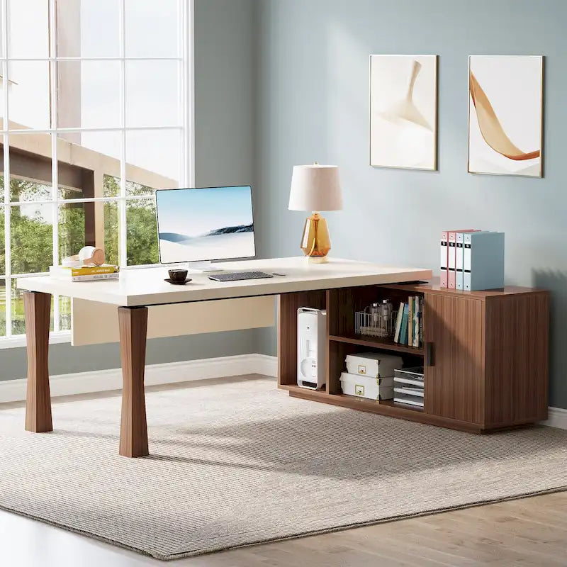 Grand bureau de direction de 180 cm, bureau en L avec étagères de rangement et armoire, ensemble de meubles de bureau pour professionnels