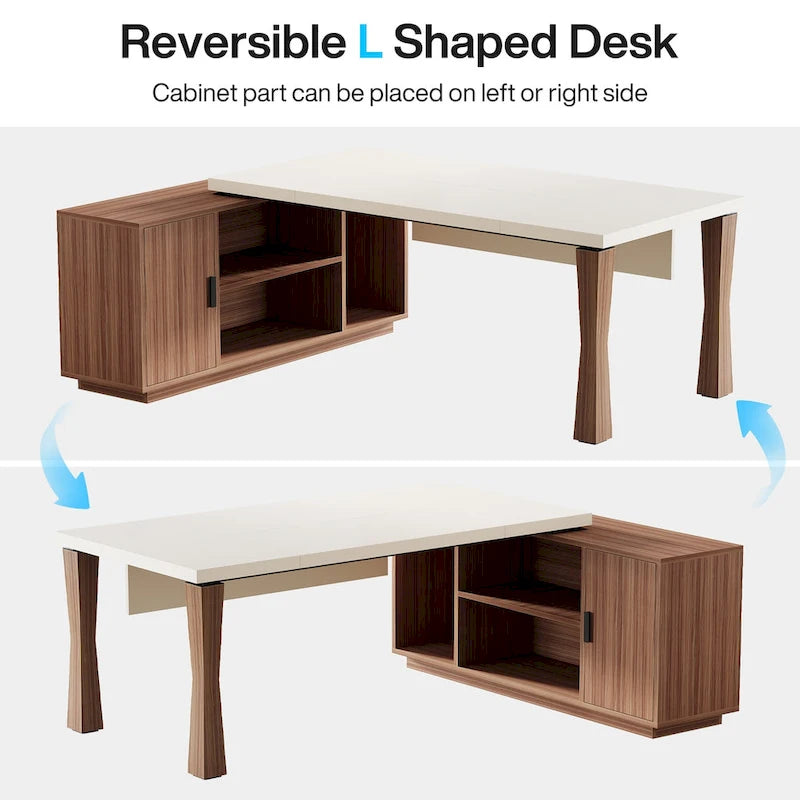 Grand bureau de direction de 180 cm, bureau en L avec étagères de rangement et armoire, ensemble de meubles de bureau pour professionnels