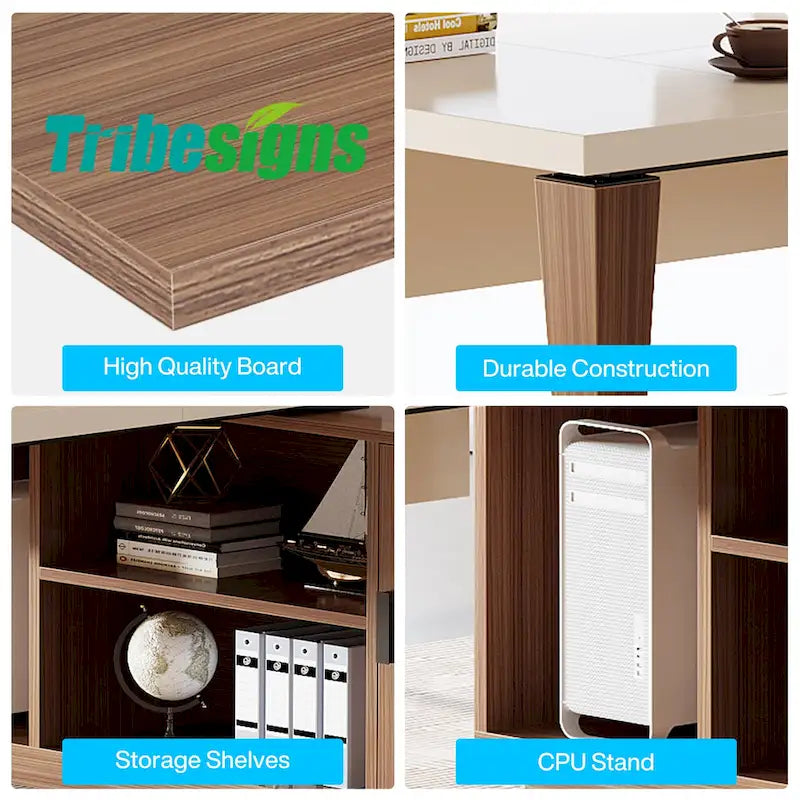 Grand bureau de direction de 180 cm, bureau en L avec étagères de rangement et armoire, ensemble de meubles de bureau pour professionnels