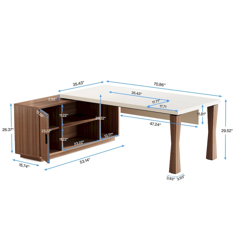 Grand bureau de direction de 180 cm, bureau en L avec étagères de rangement et armoire, ensemble de meubles de bureau pour professionnels