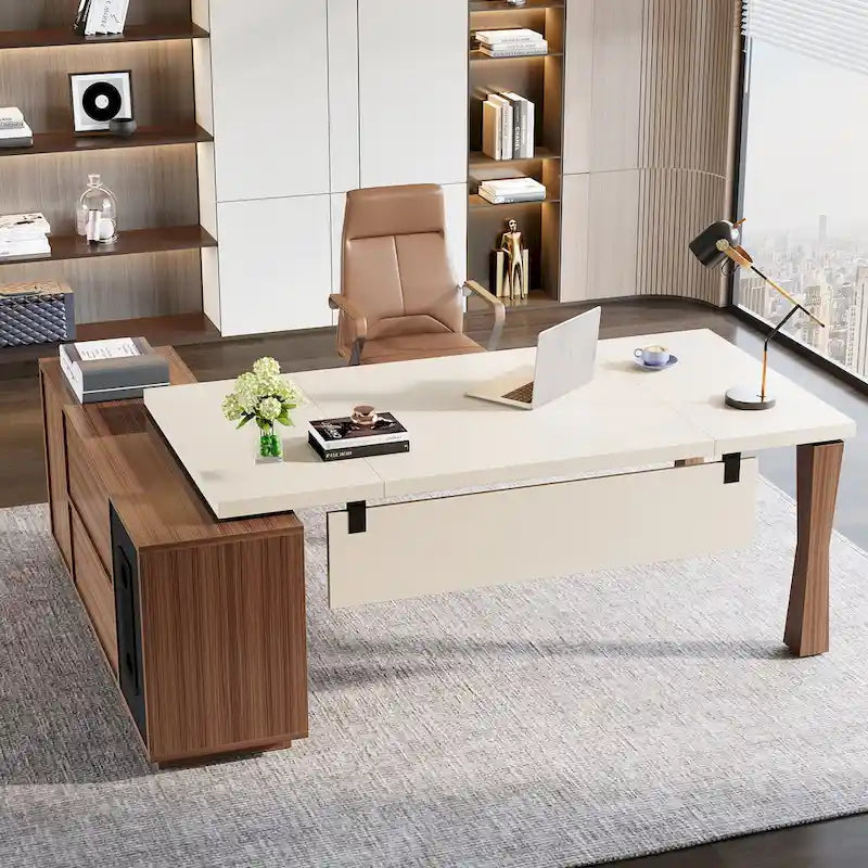 Grand bureau de direction de 180 cm, bureau en L avec étagères de rangement et armoire, ensemble de meubles de bureau pour professionnels