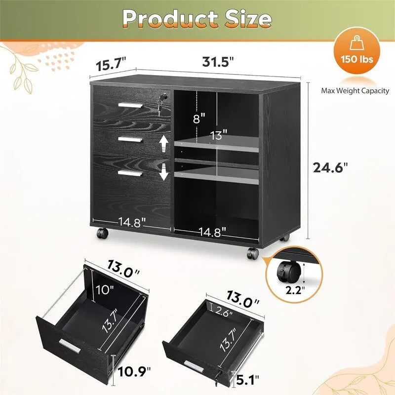 Meuble de classement en bois à 3 tiroirs avec serrure - 15,7P x 31,3L x 24,7H