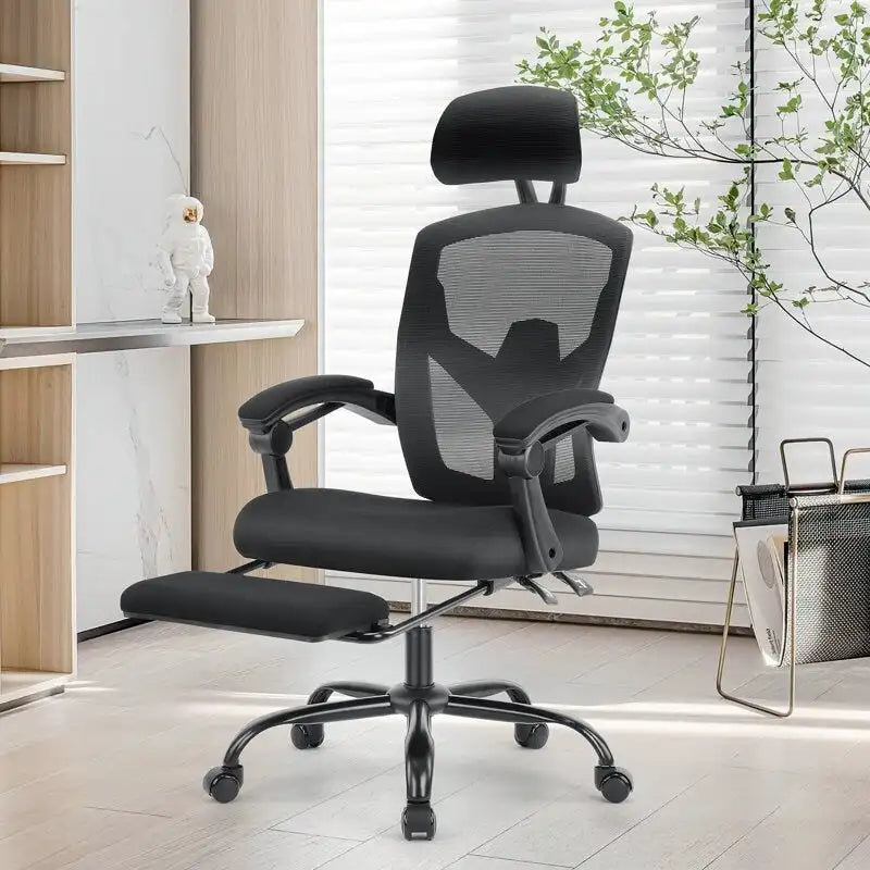 Chaise de bureau à domicile avec repose-pieds, chaises inclinables pivotantes à dossier haut en maille, appui-tête confortable, soutien lombaire