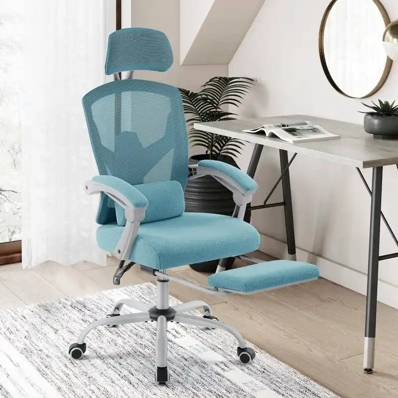 Chaise de bureau à domicile avec repose-pieds, chaises inclinables pivotantes à dossier haut en maille, appui-tête confortable, soutien lombaire