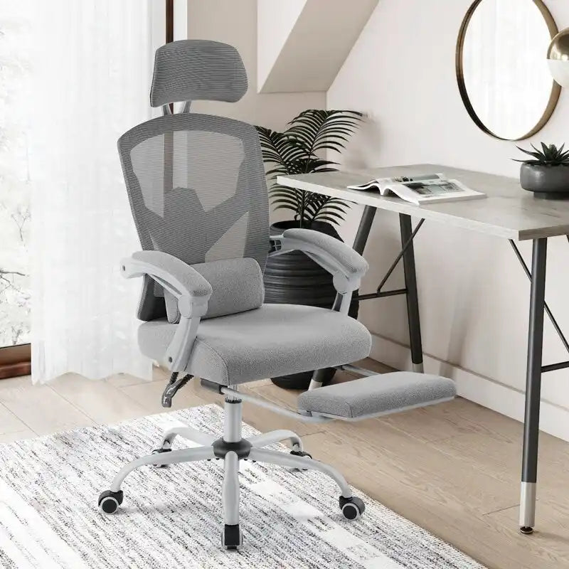Chaise de bureau à domicile avec repose-pieds, chaises inclinables pivotantes à dossier haut en maille, appui-tête confortable, soutien lombaire