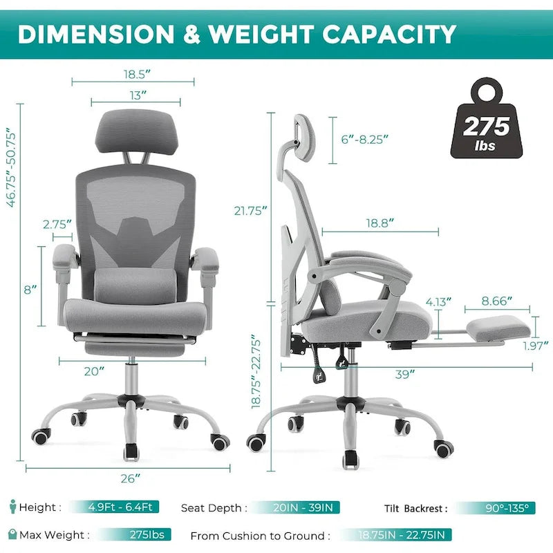 Chaise de bureau à domicile avec repose-pieds, chaises inclinables pivotantes à dossier haut en maille, appui-tête confortable, soutien lombaire