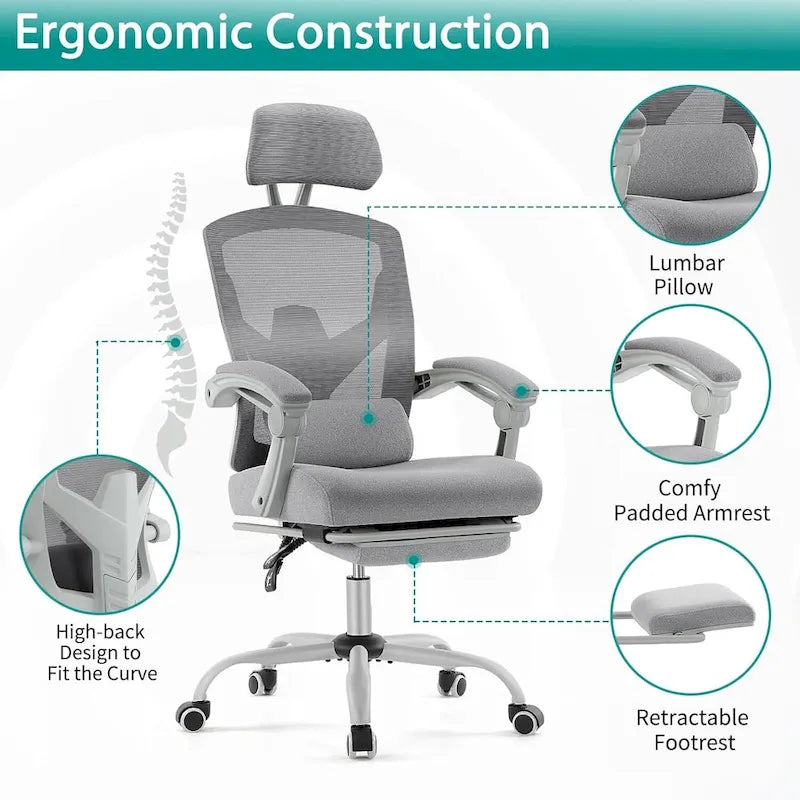 Chaise de bureau à domicile avec repose-pieds, chaises inclinables pivotantes à dossier haut en maille, appui-tête confortable, soutien lombaire