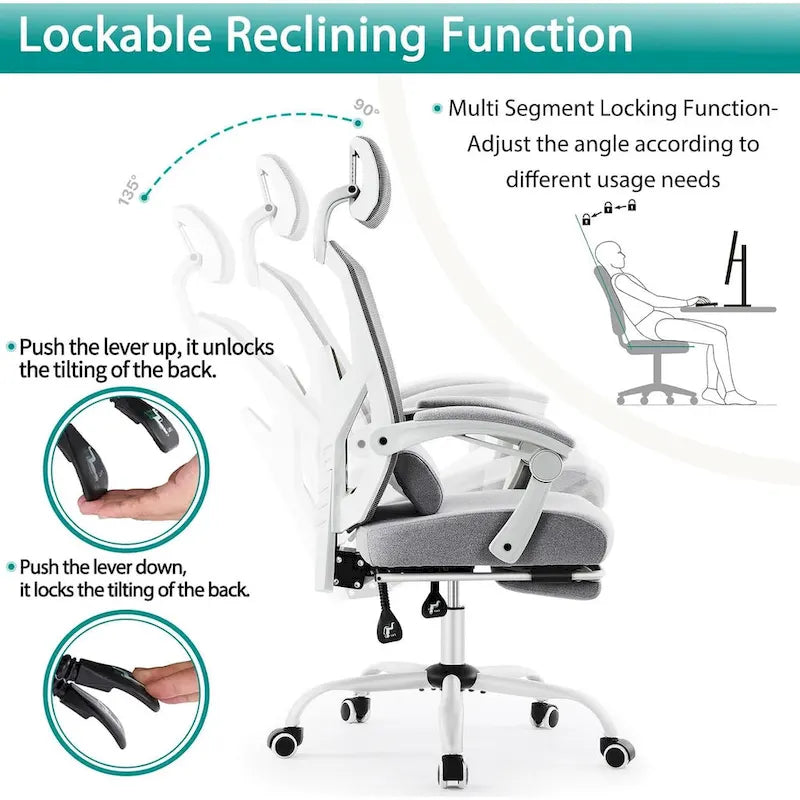 Chaise de bureau à domicile avec repose-pieds, chaises inclinables pivotantes à dossier haut en maille, appui-tête confortable, soutien lombaire