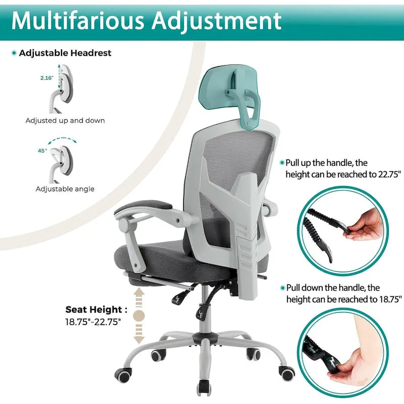 Chaise de bureau à domicile avec repose-pieds, chaises inclinables pivotantes à dossier haut en maille, appui-tête confortable, soutien lombaire