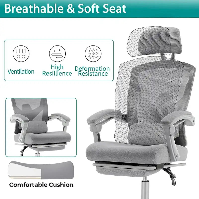Chaise de bureau à domicile avec repose-pieds, chaises inclinables pivotantes à dossier haut en maille, appui-tête confortable, soutien lombaire