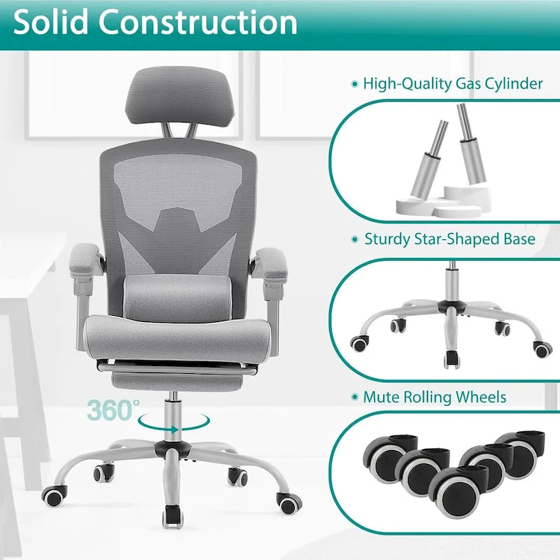Chaise de bureau à domicile avec repose-pieds, chaises inclinables pivotantes à dossier haut en maille, appui-tête confortable, soutien lombaire