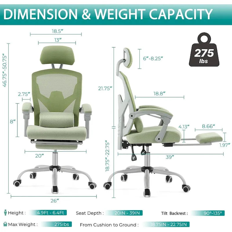 Chaise de bureau à domicile avec repose-pieds, chaises inclinables pivotantes à dossier haut en maille, appui-tête confortable, soutien lombaire