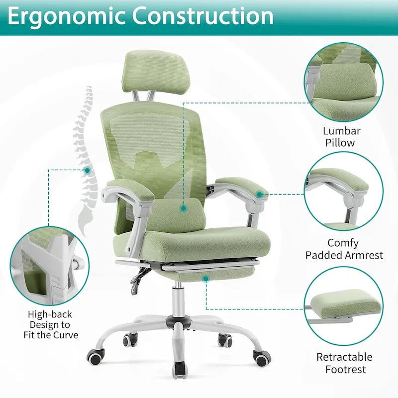 Chaise de bureau à domicile avec repose-pieds, chaises inclinables pivotantes à dossier haut en maille, appui-tête confortable, soutien lombaire