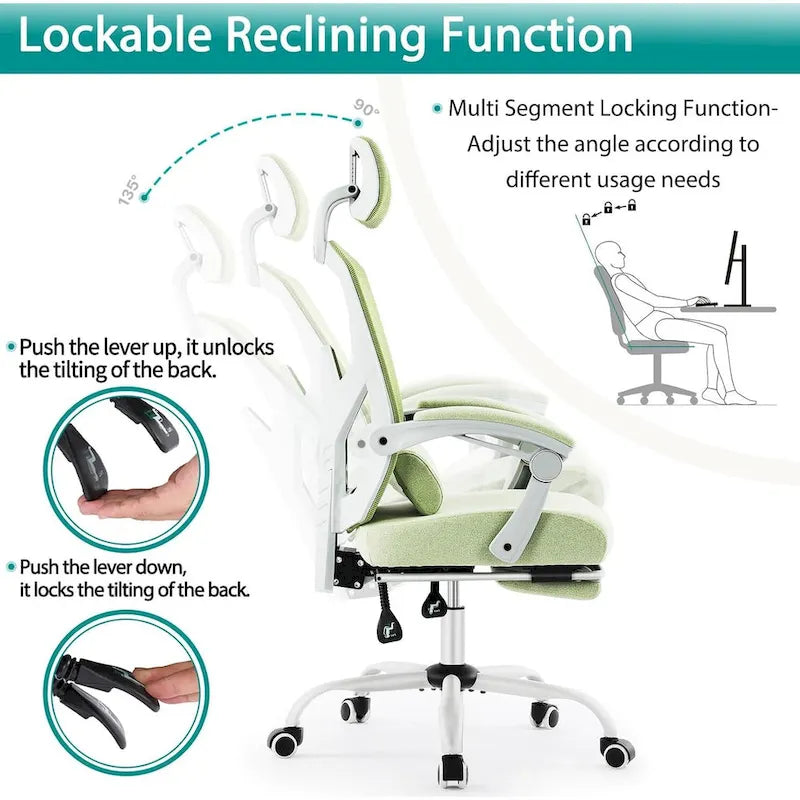 Chaise de bureau à domicile avec repose-pieds, chaises inclinables pivotantes à dossier haut en maille, appui-tête confortable, soutien lombaire
