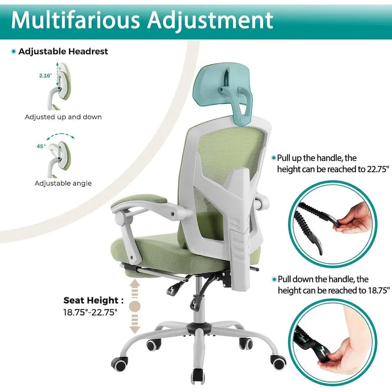 Chaise de bureau à domicile avec repose-pieds, chaises inclinables pivotantes à dossier haut en maille, appui-tête confortable, soutien lombaire