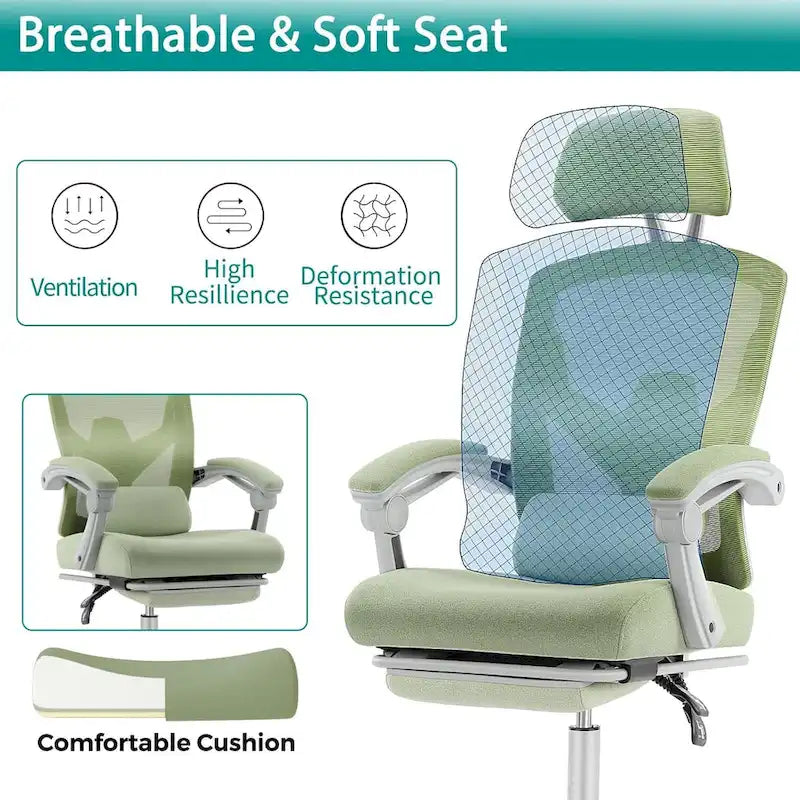 Chaise de bureau à domicile avec repose-pieds, chaises inclinables pivotantes à dossier haut en maille, appui-tête confortable, soutien lombaire
