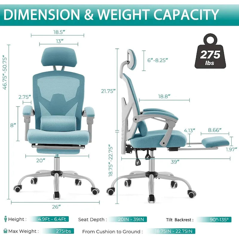 Chaise de bureau à domicile avec repose-pieds, chaises inclinables pivotantes à dossier haut en maille, appui-tête confortable, soutien lombaire