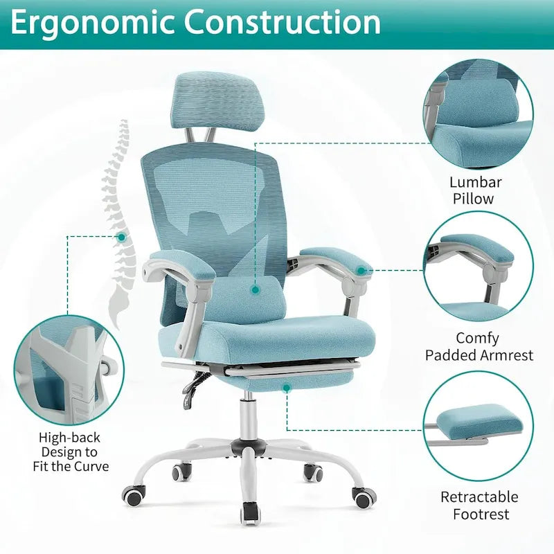 Chaise de bureau à domicile avec repose-pieds, chaises inclinables pivotantes à dossier haut en maille, appui-tête confortable, soutien lombaire