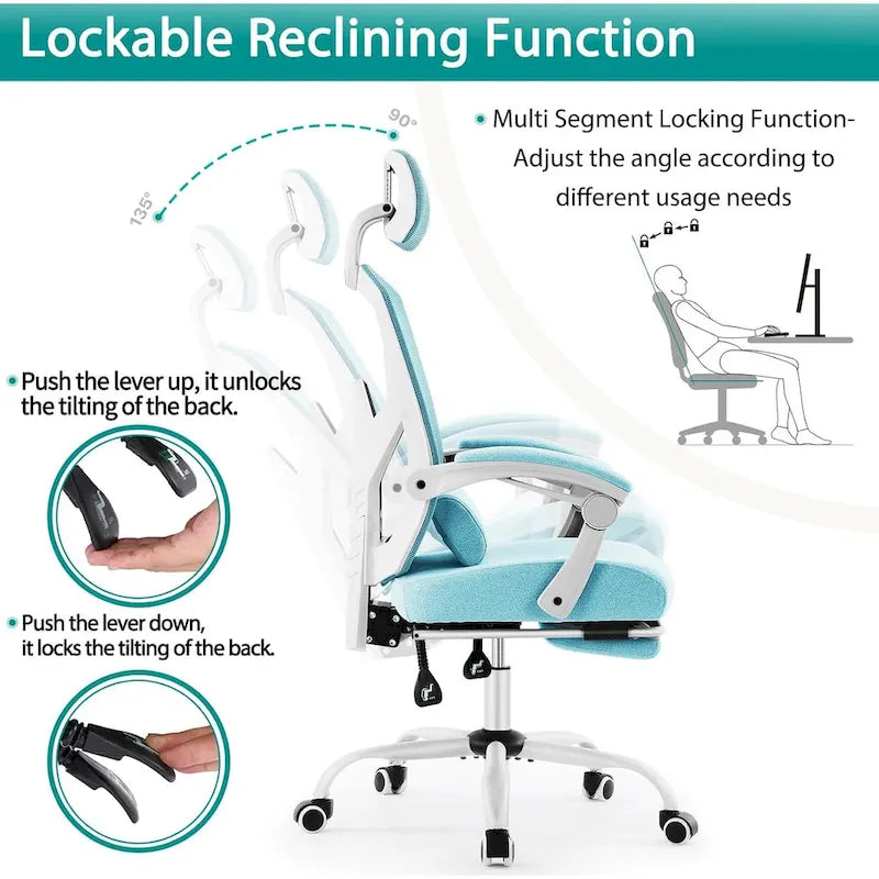 Chaise de bureau à domicile avec repose-pieds, chaises inclinables pivotantes à dossier haut en maille, appui-tête confortable, soutien lombaire